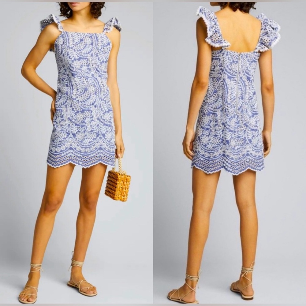 Designer Alice + Olivia Honor Eyelet Embroidered Mini Dress Chambray Like New